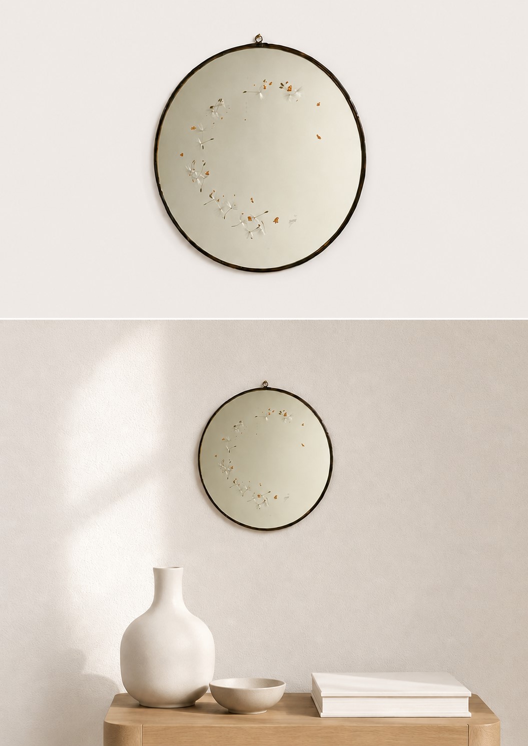 LE MIROIR NANTAIS Format ROND 19 cm de diam MODELE FLY Paillette de Cuivre et entourage noir.